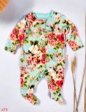  [nb-6m] Sleepsuit Baby nỉ nhung bé gái Xanh Ngọc Hoa Hồng 