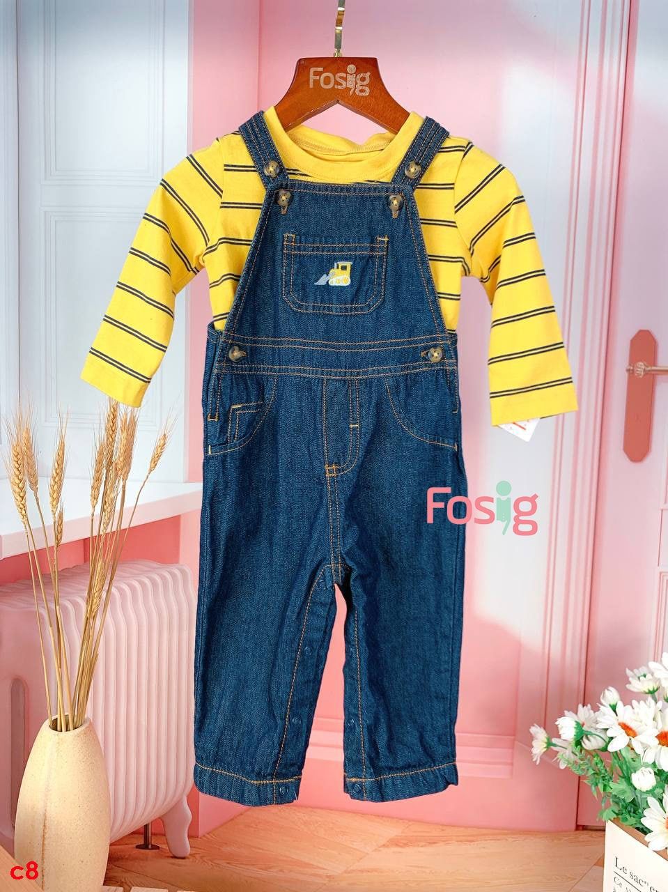  [0-9m] Set Yếm Bé Trai Cter - Xanh Jean Vàng Sọc Xanh Navy 