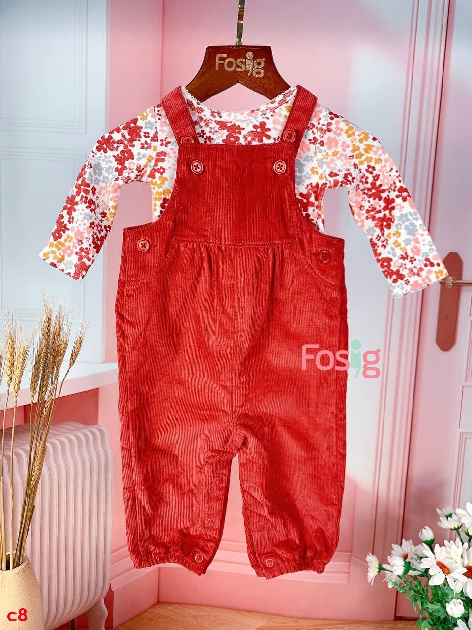  [0-6m] Set Yếm Bé Gái Cter - Đỏ Nâu Trắng Hoa 