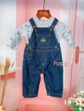  [0-3m] Set Yếm Bé Trai Cter - Xanh Jean Xám Xe Cần Cẩu 