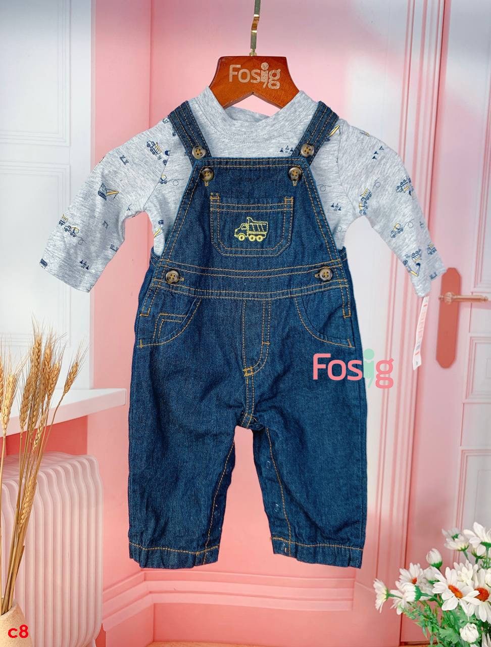  [0-3m] Set Yếm Bé Trai Cter - Xanh Jean Xám Xe Cần Cẩu 