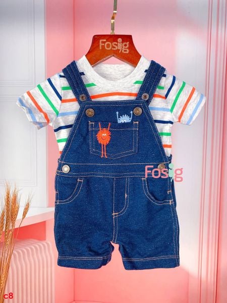  [3m, 6m] Set Yếm Bé Trai Cter - Xanh Jean Xám Sọc Đa Màu 