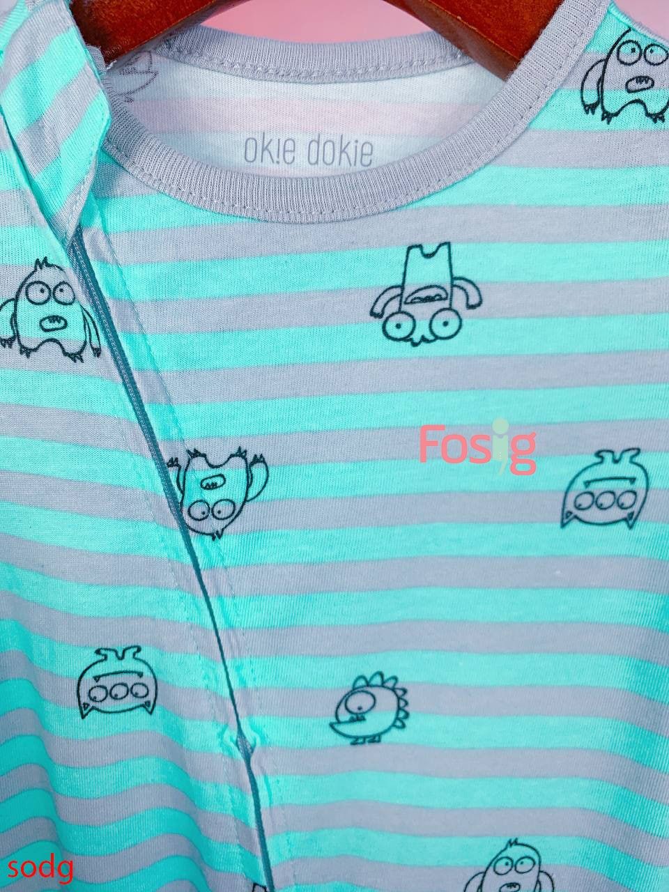  [3-6m] Sleepsuit Khóa Kéo Có Vớ OK Bé Trai - Xanh Ngọc Sọc Xám 