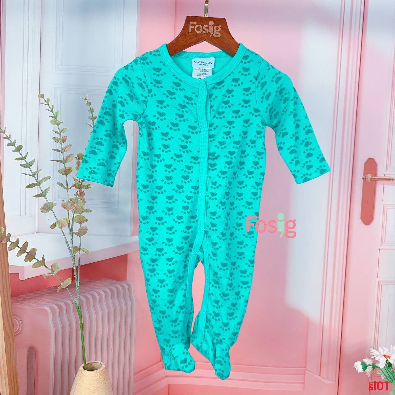  [3-6m] Sleepsuit Cúc Bấm Có Vớ Bé Trai - Xanh Lá Bàn Chân 