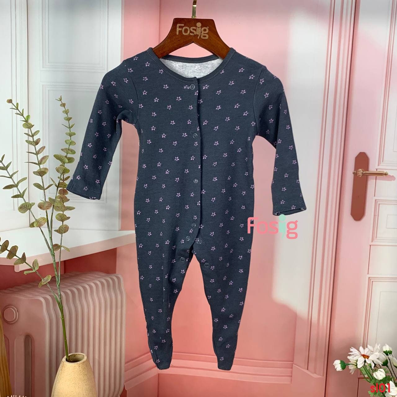  [6-9m] Sleepsuit Cúc Bấm Có Vớ Bé Gái Geo - Đen Sao Tím 