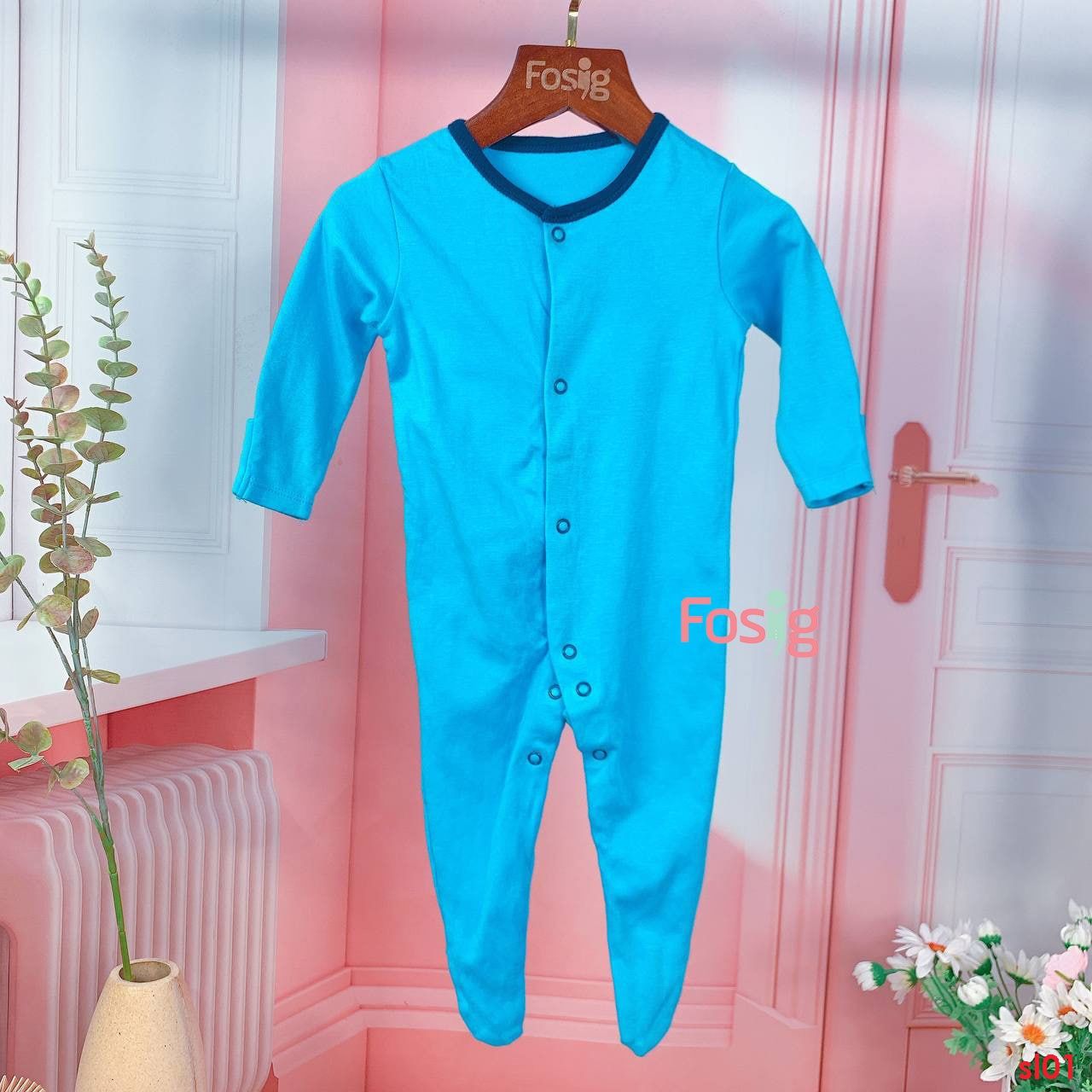  [6m] Sleepsuit Gài Nút Có Vớ Bé Trai Geo - Xanh Dương Cổ Navy 