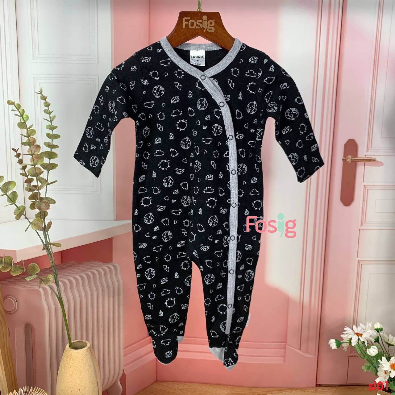  [6m] Sleepsuit Có Vớ Bé Trai - Đen Lá Trắng 