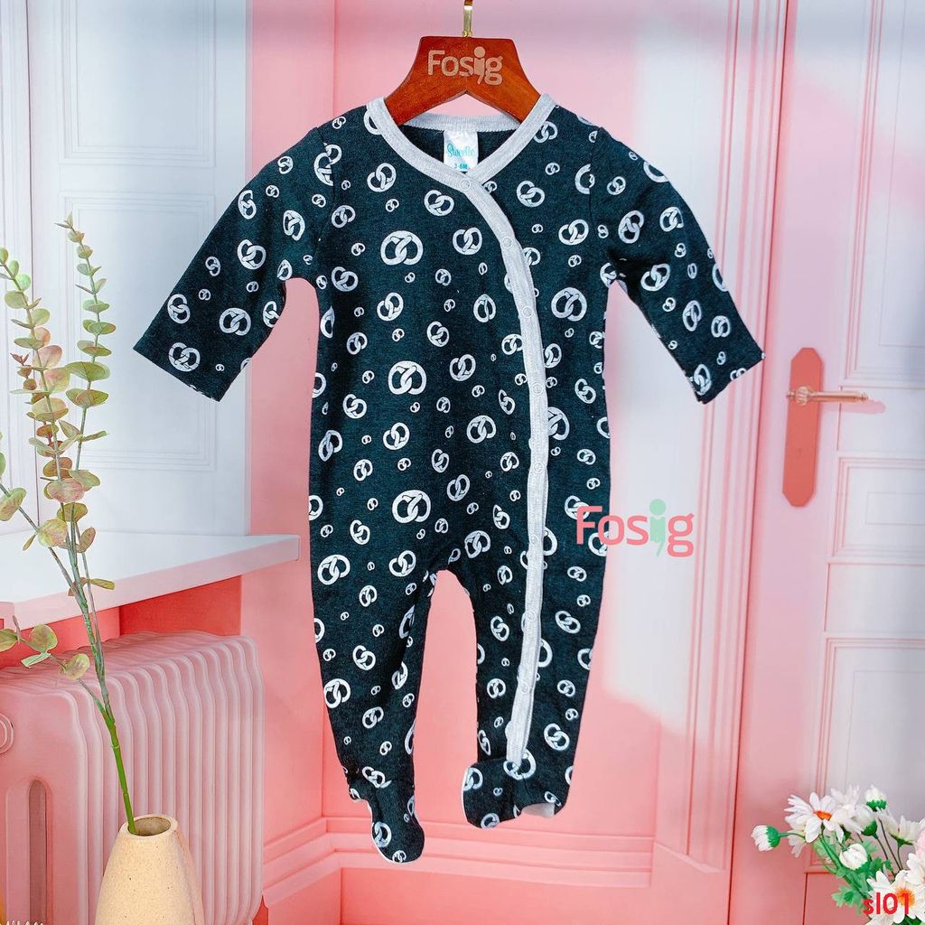  [6m] Sleepsuit Có Vớ Bé Trai - Đen Vòng Trắng 