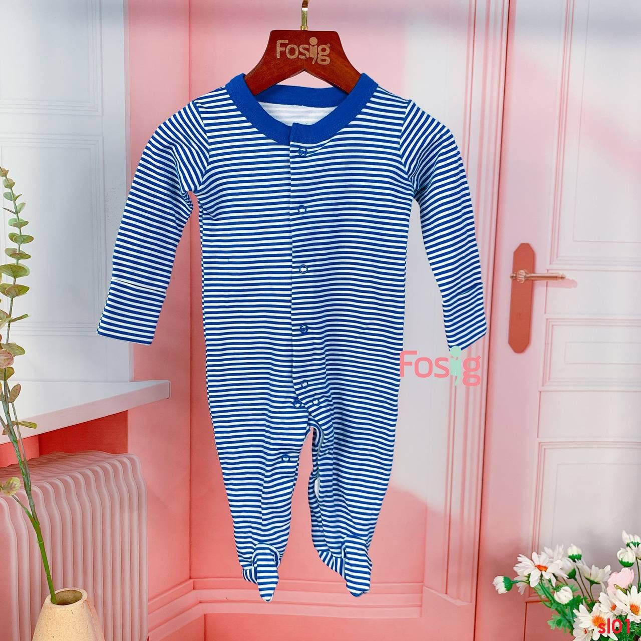  [6m] Sleepsuit Cúc Bấm Có Vớ Bé Trai - Xanh Dương Sọc 