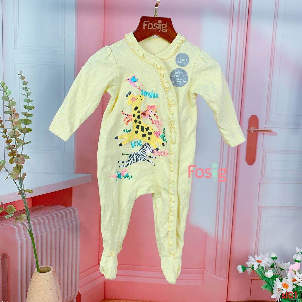  [6m] Sleepsuit Có Vớ Bé Gái - Vàng Chấm Thú 