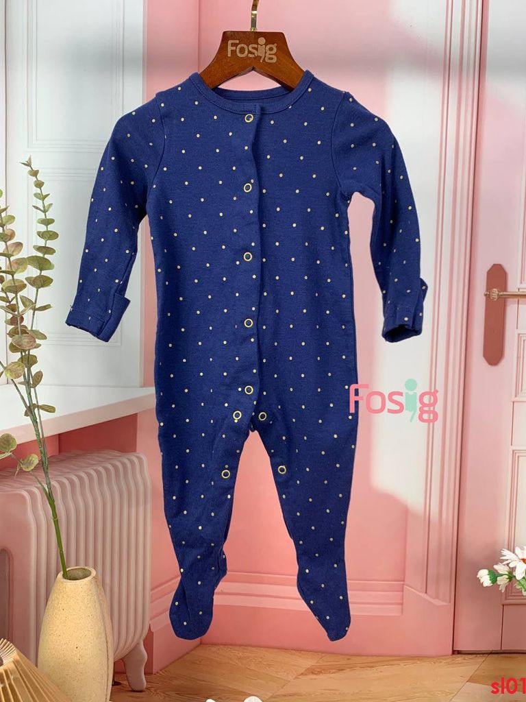  [6m] Sleepsuit Cúc Bấm Cài Nút Bé Gái - Navy Chấm Vàng 