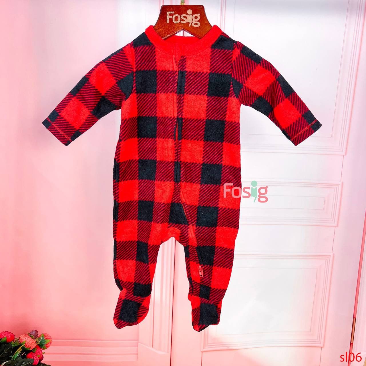  [0-3m] Sleepsuit Nỉ Có Vớ Bé Trai ON - Caro Đỏ 