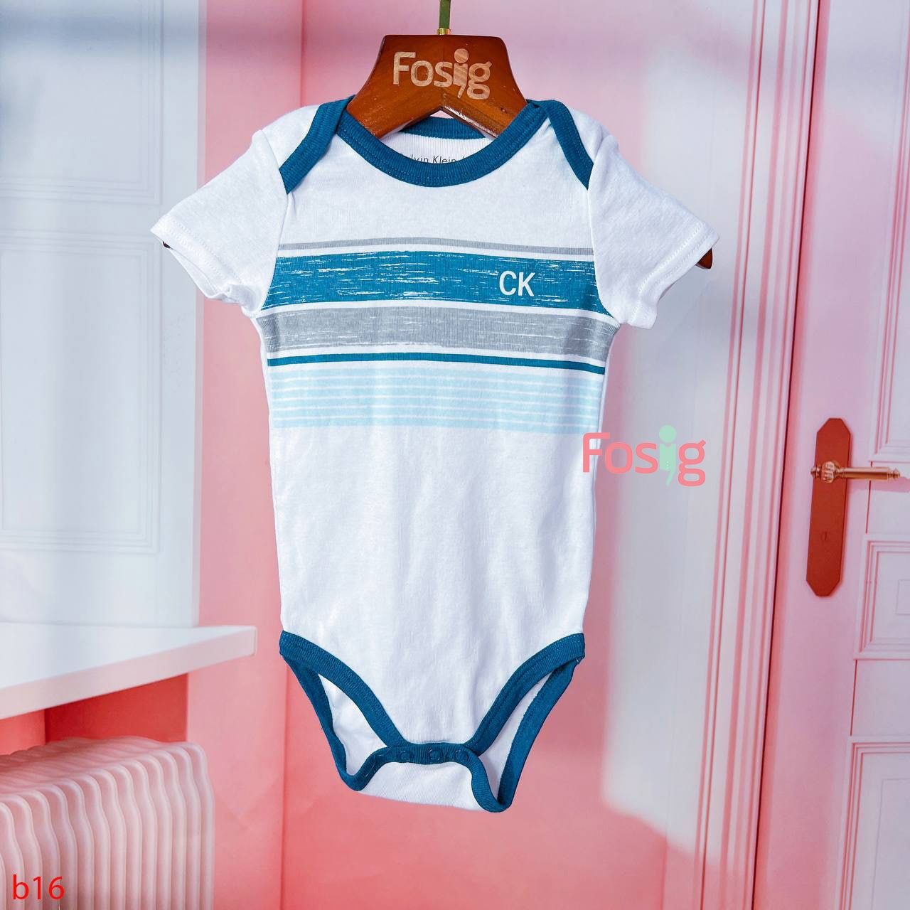  [0.3m] Bodysuit Tay Ngắn Bé Trai CK - Trắng Sọc Xám Xanh 