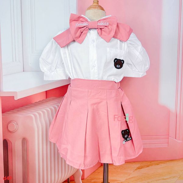  14-15kg; 16-17kg] Set Áo Kèm Chân Váy Bé Gái - Trắng Gấu VH 