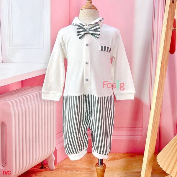  [9m-12m] Romper Vest Công Tử Tay Dài Bé Trai - Sọc Xám Đậm 