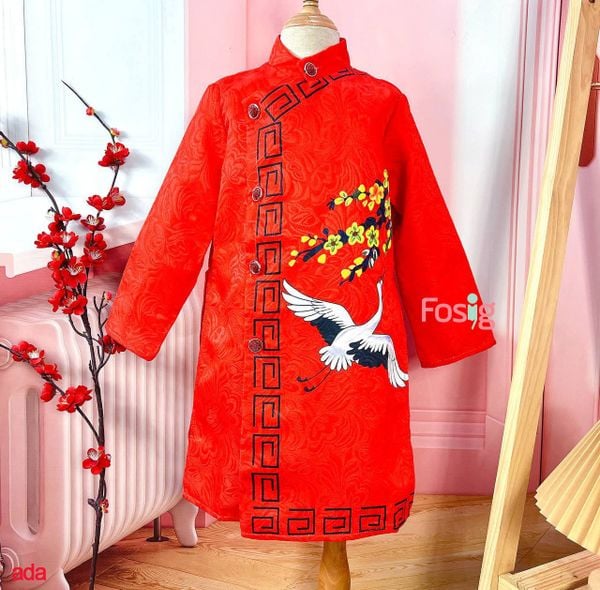  [19-30kg] Áo Dài Bé Trai - Gấm Hạc Đỏ 