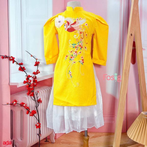  [25-28kg] Set Áo Dài Chân Váy Bé Gái - Vàng Phượng Hoa 