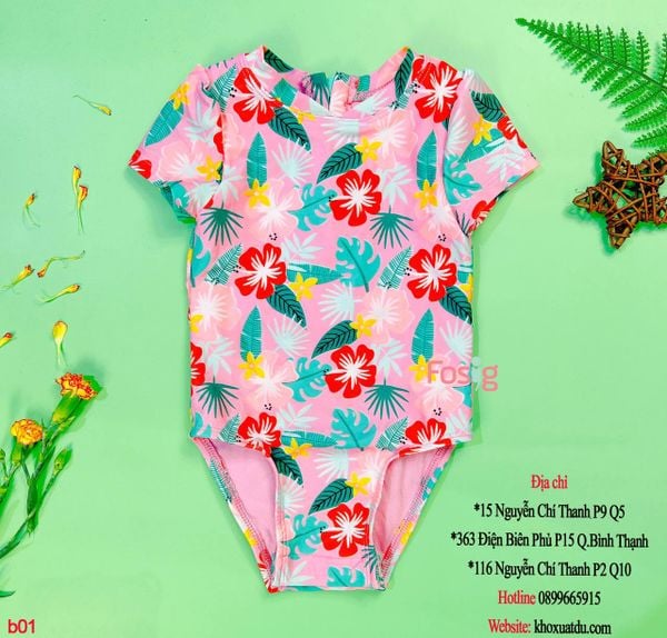  [9-10kg] Đồ Bơi Bé Gái CJ - Hồng Lá Hoa Cam 