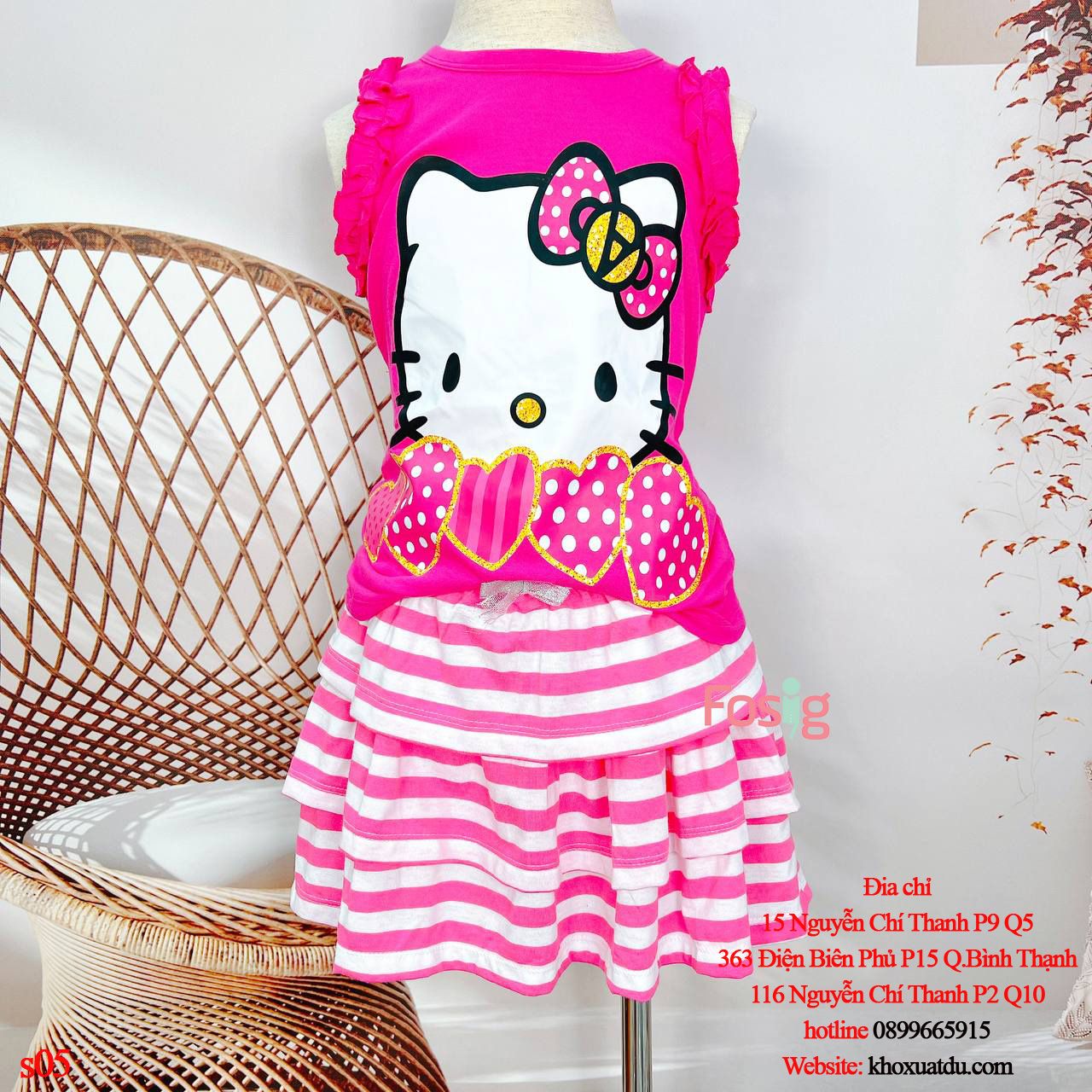  [21-27kg ; 33-40kg] Set Bộ Áo Cánh Tiên Chân Váy Bé Gái DN - Hồng Hello Kitty 