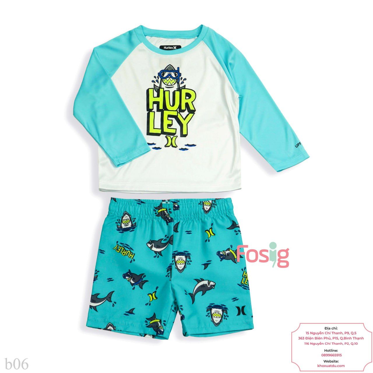  [10-17kg] Set Đồ Bơi Bé Trai HL - 01-Xanh Trắng Hurley 