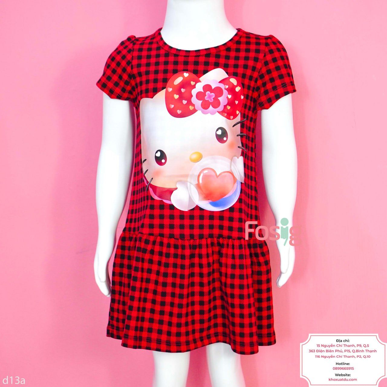  [17-18kg] Đầm Tay Ngắn Bé Gái HM130 - Caro Đỏ Hello Kitty 