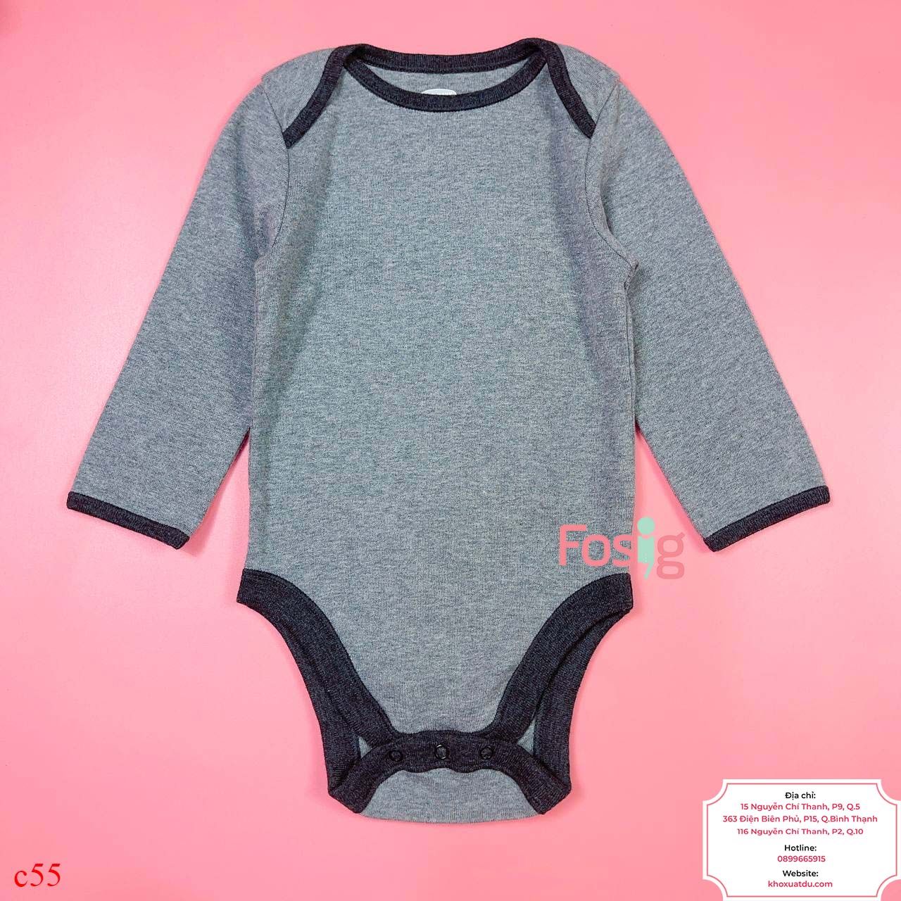  [6-12M] Bodysuit Tay Dài Bé Trai ON - Xám Đậm Cổ Đen 