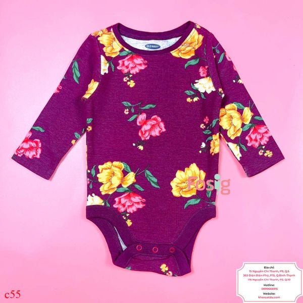  [0-6M] Bodysuit Tay Dài Bé Gái ON - Tím Hoa Vàng Hồng 