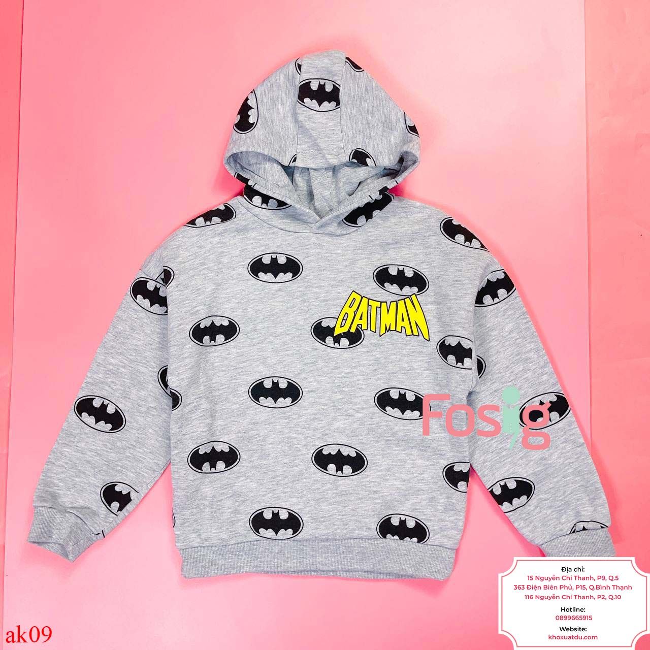  [16-19kg] Áo Hoodie Nỉ PM Bé Trai - Xám Batman Vàng 