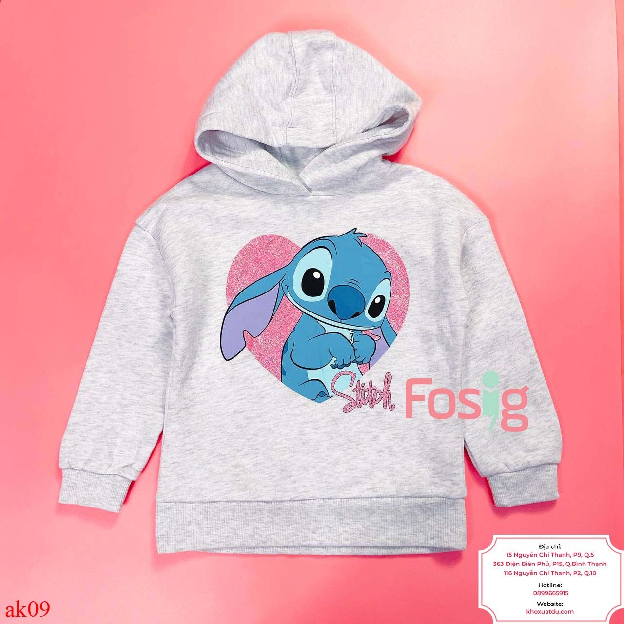  [11-13kg; 16-19kg] Áo Hoodie Nỉ PM Bé Gái - Xám Stitch 