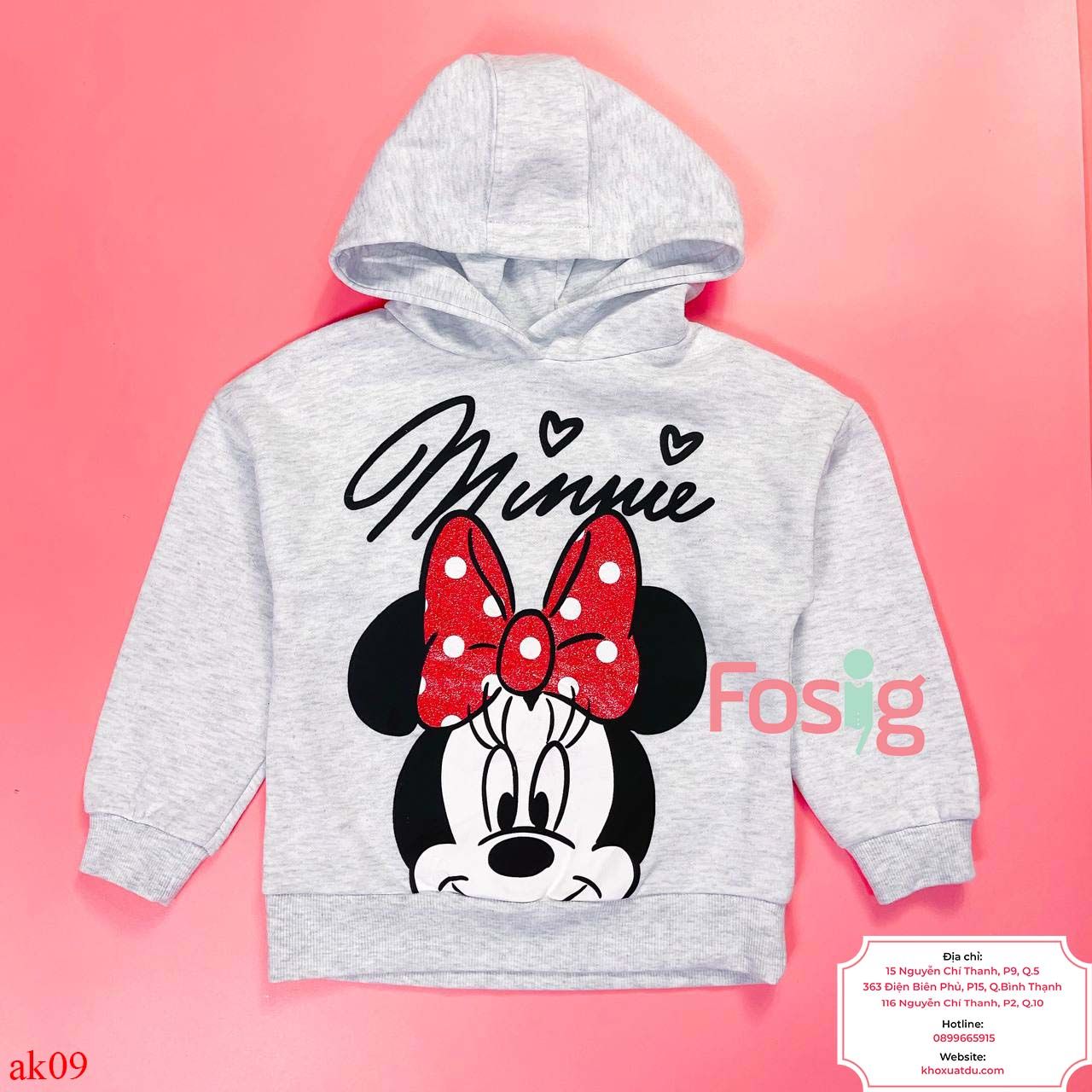  [16-17kg] Áo Hoodie Nỉ PM Bé Gái - Xám Minnie 