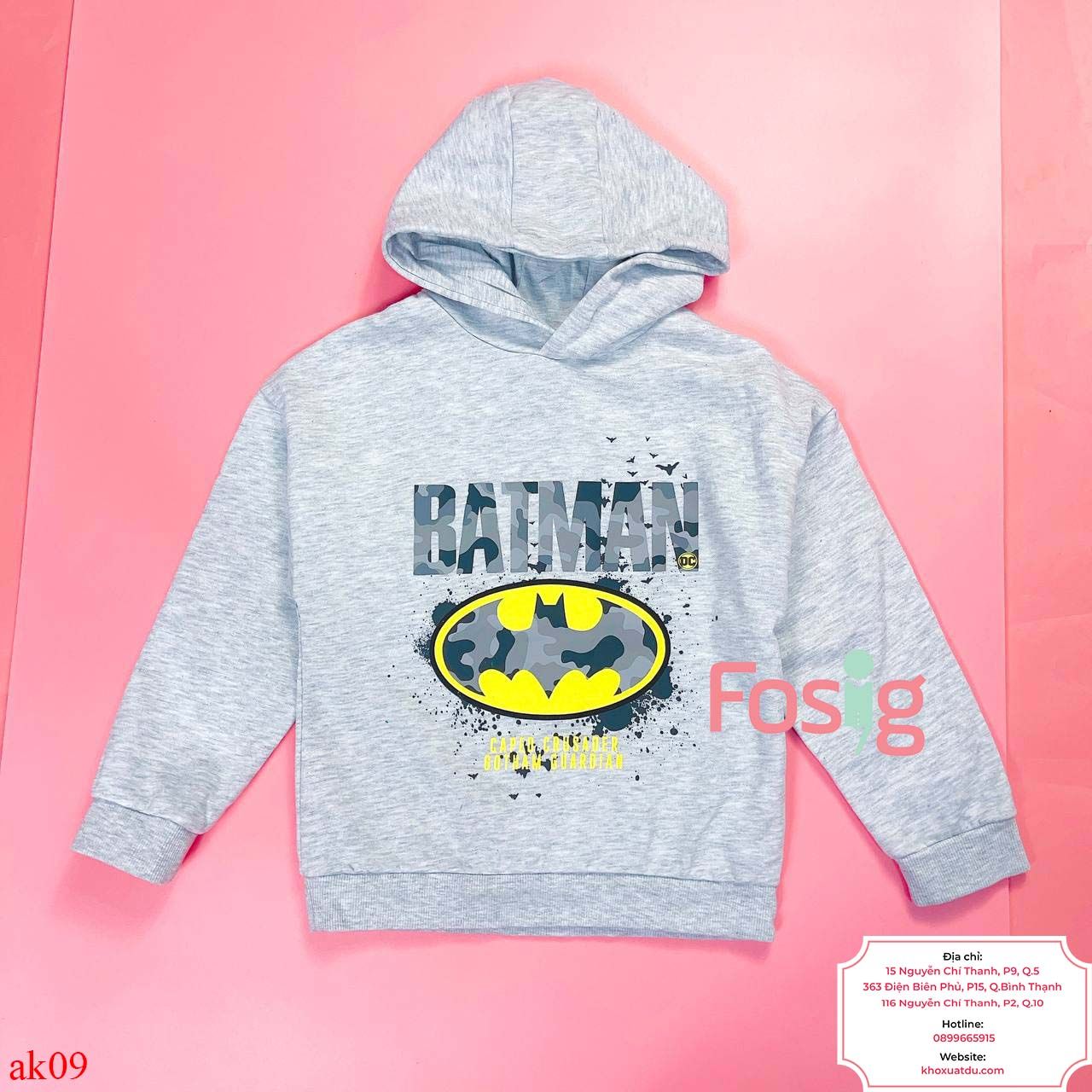  [16-19kg] Áo Hoodie Nỉ PM Bé Trai - Xám Batman Xám 