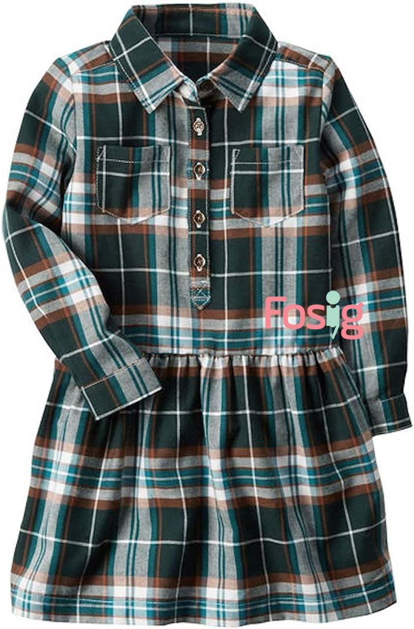  [17-18kg; 25-27kg] Đầm Cotton Tay Dài Bé Gái Cter - Caro Xanh Rêu 