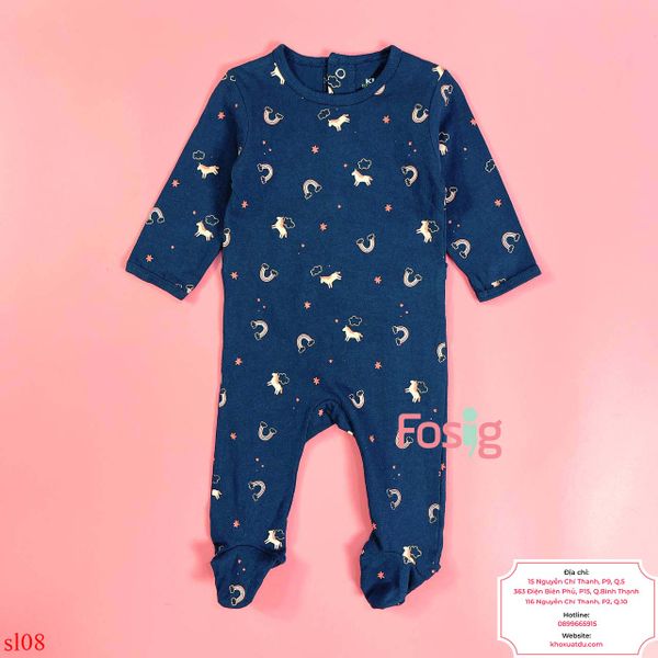  [0-3m] Sleepsuit Cúc Bấm Có Vớ KB Bé Gái - Navy Ngựa 