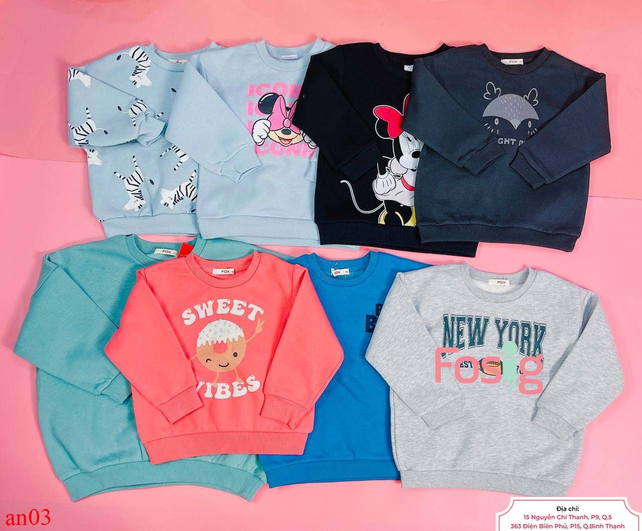  [9-10kg] Áo Nỉ Tay Dài Fox Bé Unisex - Đen Mickey 