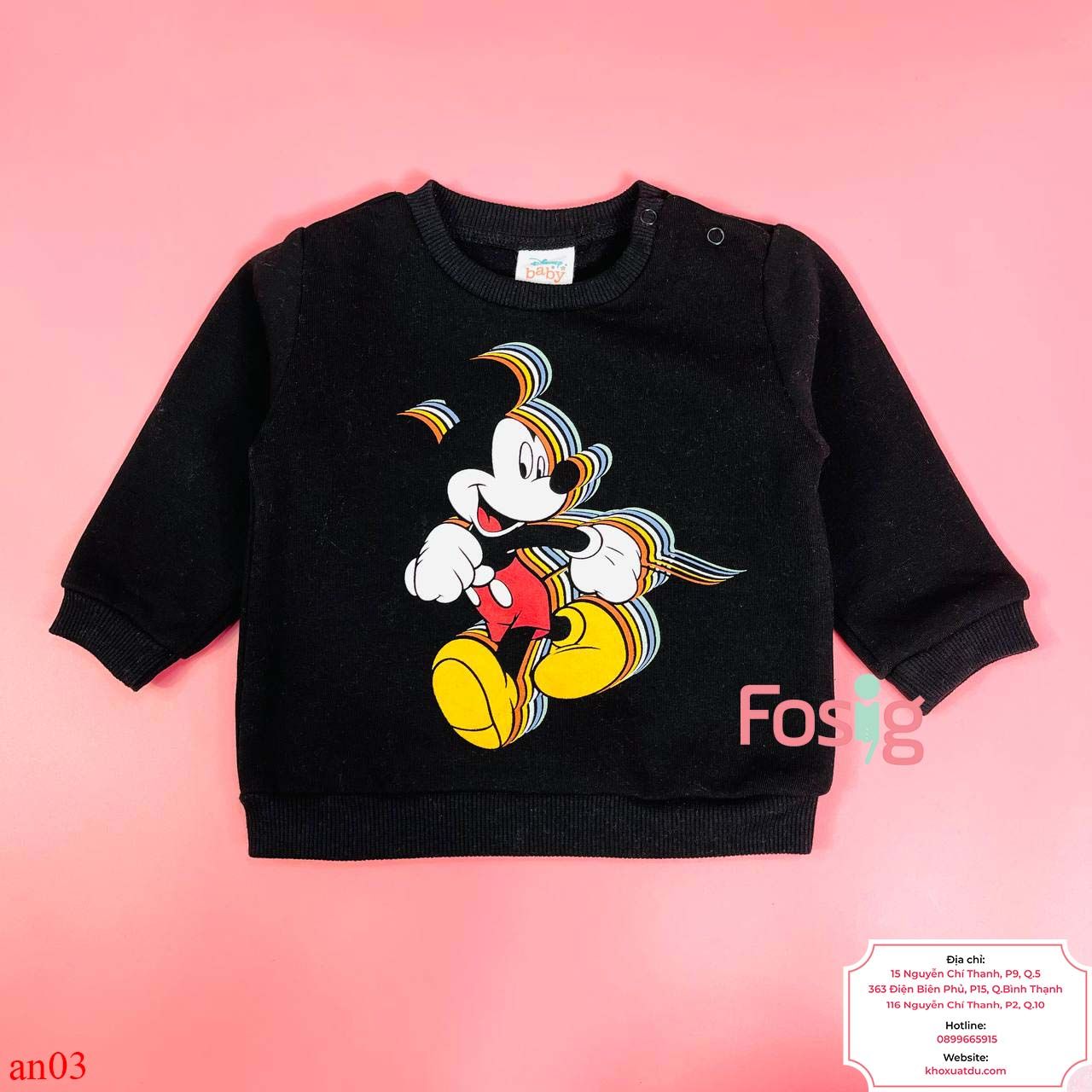  [9-10kg] Áo Nỉ Tay Dài Fox Bé Unisex - Đen Mickey 