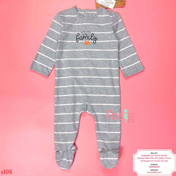  [3-6m] Sleepsuit Cúc Bấm Có Vớ KB Bé Trai - Xám Sọc Family 