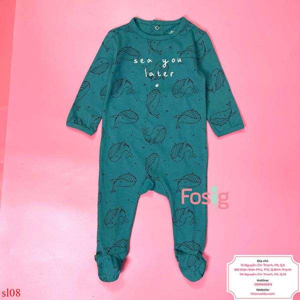  [3-6m] Sleepsuit Cúc Bấm Có Vớ KB Bé Trai - Xanh Rêu Cá Voi 