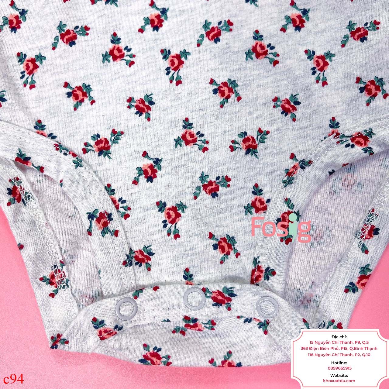  [0-3m] Bodysuit Tay Dài Bé Gái Cter - Xám Hoa Đỏ 