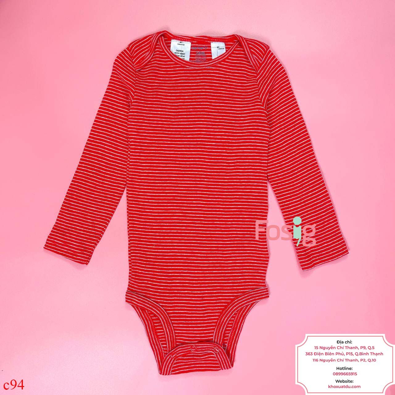  [6-9m ; 18-24m] Bodysuit Tay Dài Bé Trai Cter - Sọc Đỏ Xám 