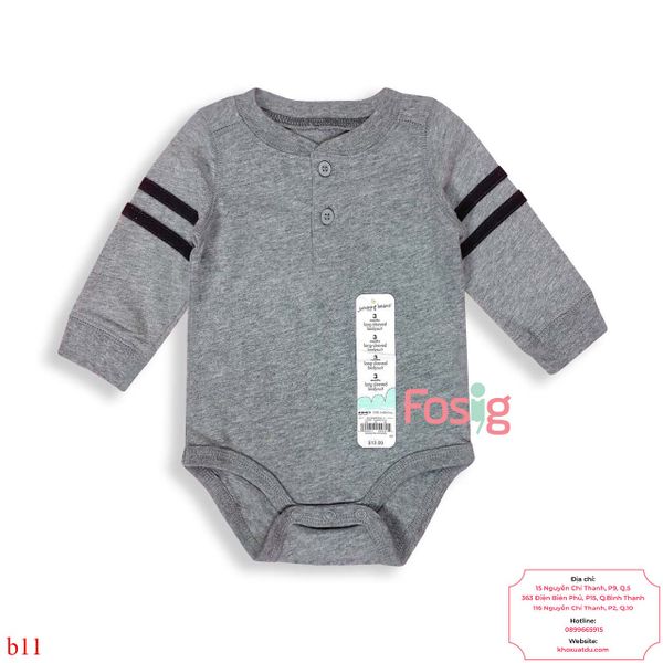  [0-3m] Bodysuit Tay Dài Bé Trai JB - Xám Đậm Tay Sọc 