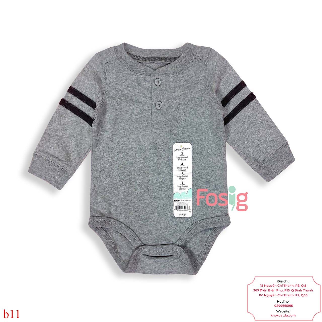  [0-3m] Bodysuit Tay Dài Bé Trai JB - Xám Đậm Tay Sọc 