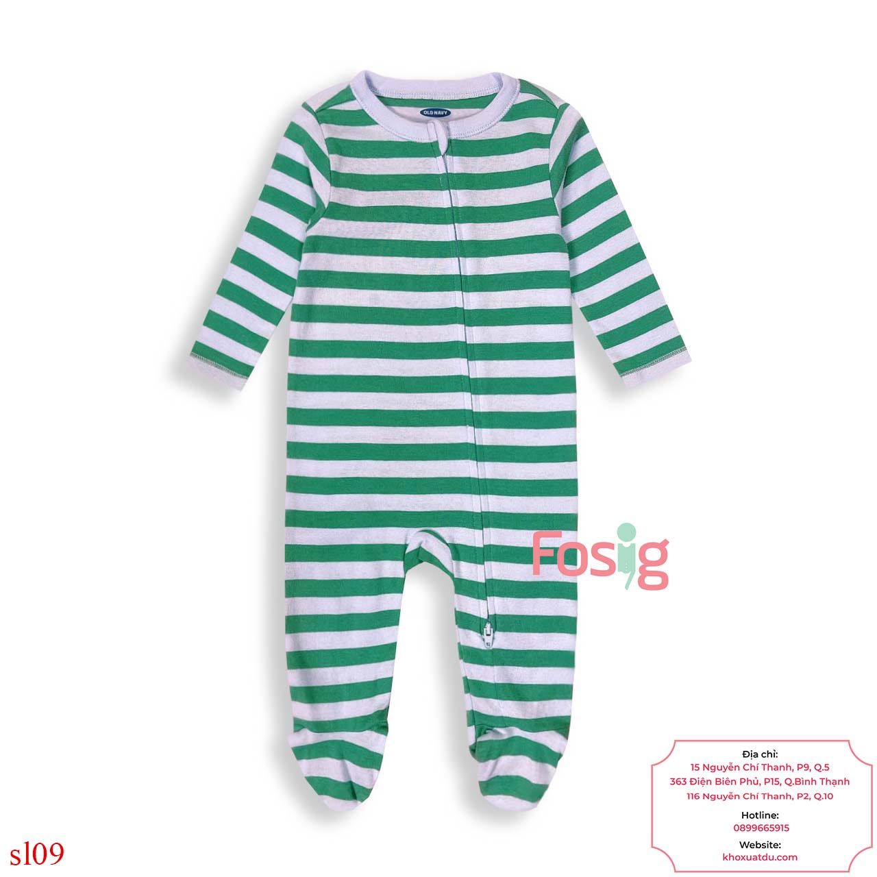  [0-3M ; 6-9M] Sleepsuit Khóa Kéo Có Vớ ON Bé Trai  - Xanh Sọc Cua 