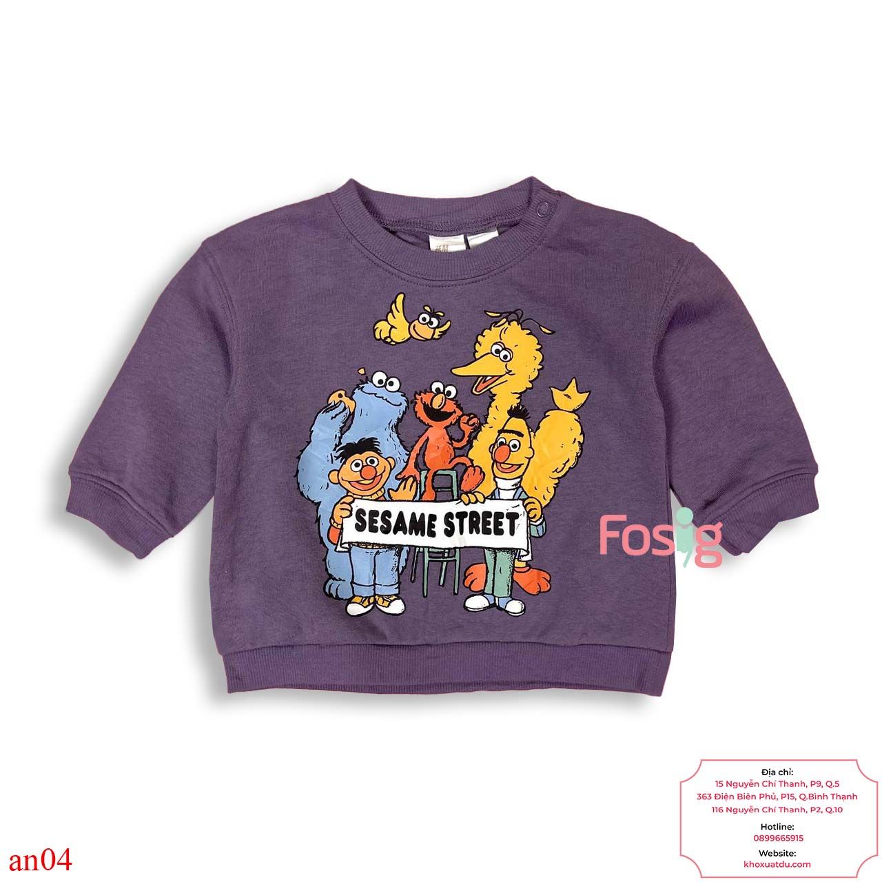 [7-8kg, 12-14kg] Áo Nỉ Da Cá Bé Trai - Tím Sesame Street 