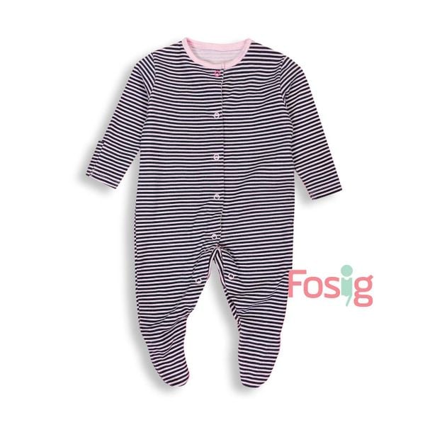  [0-6m] Sleepsuit Gài Nút Có Vớ Bé Gái PM - Hồng Sọc Navy 