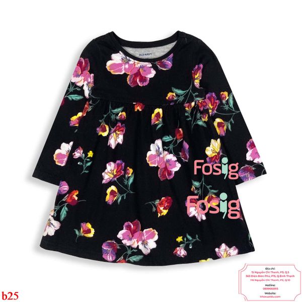  [5-6kg ; 9-12kg; 16-17kg] Đầm Cotton Tay Dài ON Bé Gái - Đen Hoa Tím Vàng 