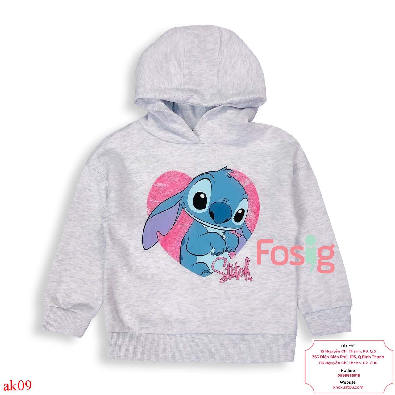  [11-13kg; 16-19kg] Áo Hoodie Nỉ PM Bé Gái - Xám Stitch 