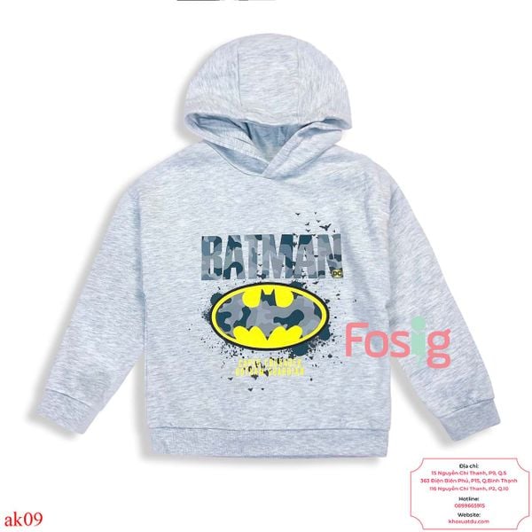  [16-19kg] Áo Hoodie Nỉ PM Bé Trai - Xám Batman Xám 