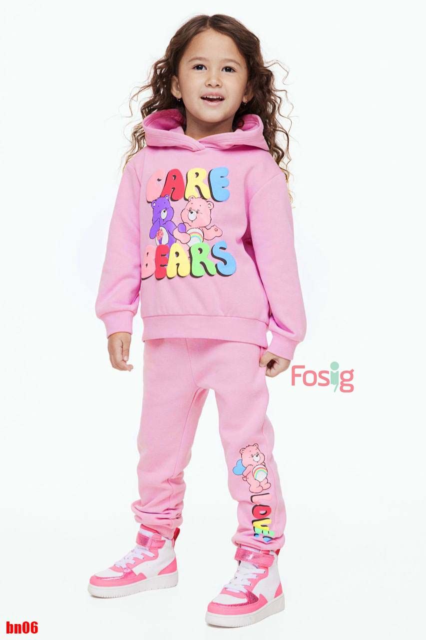  [11-14kg] Set Đồ Bộ Dài Nỉ Hoodie HM Bé Gái - Hồng Gấu 