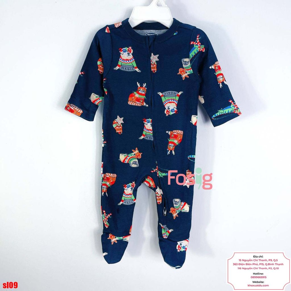  [0-6M] Sleepsuit Khoá Kéo Có Vớ ON Bé Trai - Navy Chó Màu 