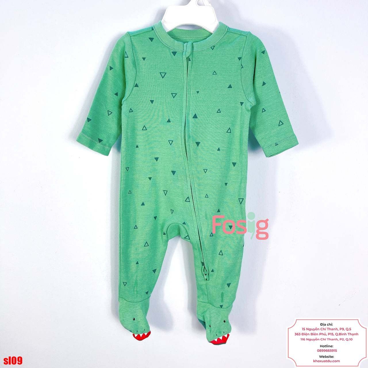  [0-9M] Sleepsuit Khoá Kéo Có Vớ ON Bé Trai - Xanh Lá Tam Giác 